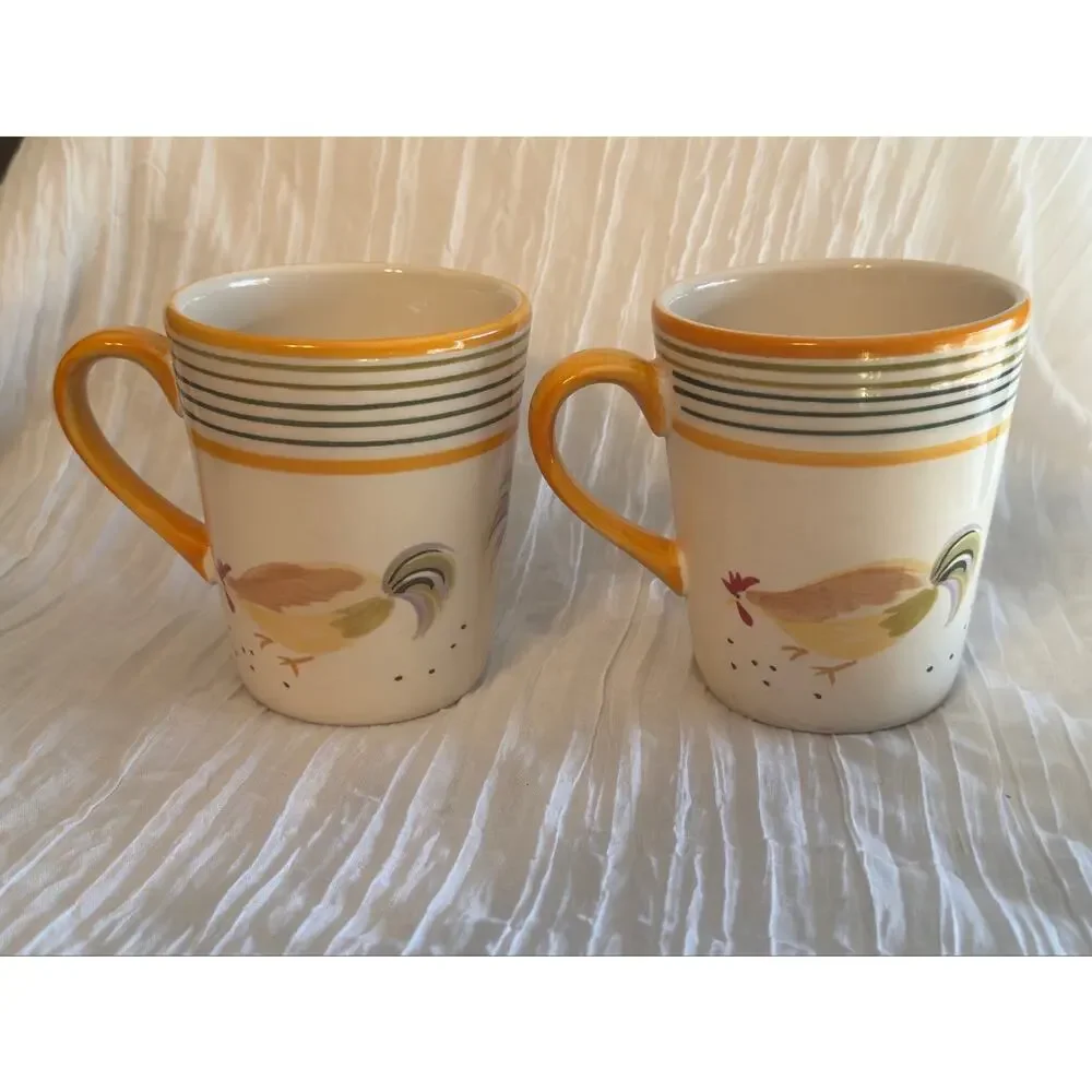 Home Trends Oh La La Chicken Rooster Coffee Mugs Set of 2 Farmhouse